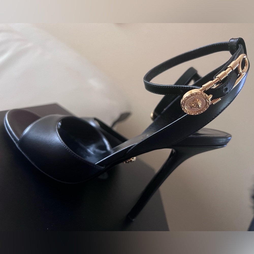 Versace Safety Pin Metallic Ankle Strap Sandal on calf leather